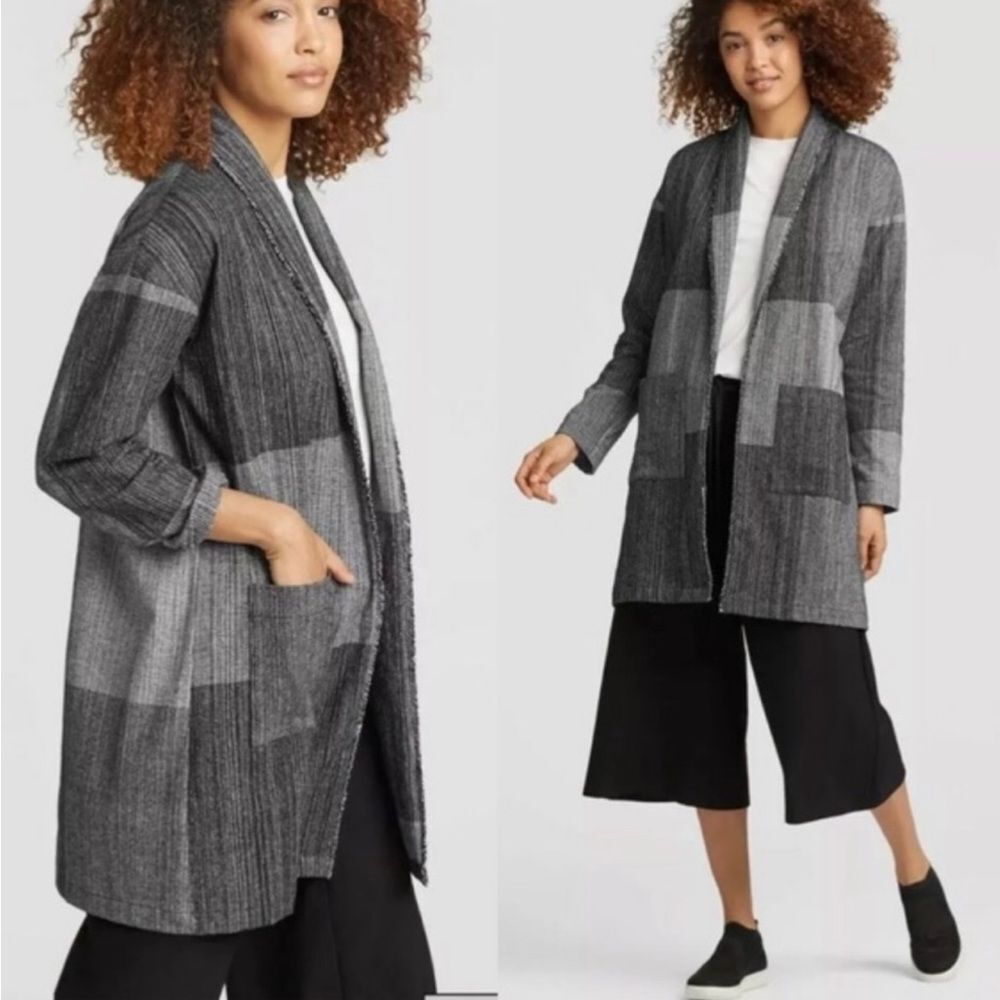Eileen Fisher Hazy Blocks Striped Grey Long Open Jacket 
Size O/S